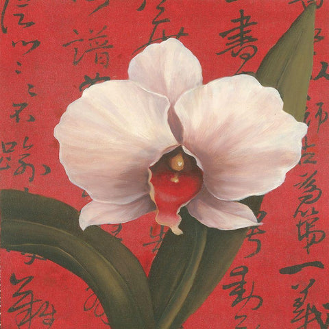 Chinese Orchid on Red Gold Ornate Wood Framed Art Print with Double Matting by Unknown