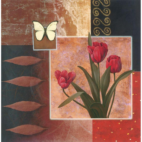 Rose with Butterfly Collage Gold Ornate Wood Framed Art Print with Double Matting by Unknown