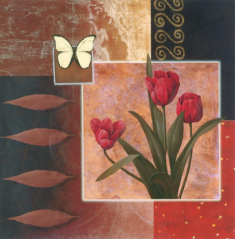 Rose with Butterfly Collage White Modern Wood Framed Art Print with Double Matting by Unknown