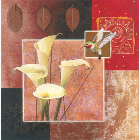 Calla Lily with Hummingbird Gold Ornate Wood Framed Art Print with Double Matting by Unknown