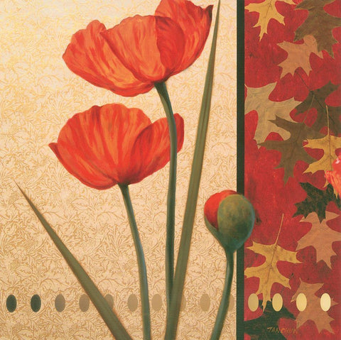 Red Poppy Damasque White Modern Wood Framed Art Print with Double Matting by Unknown