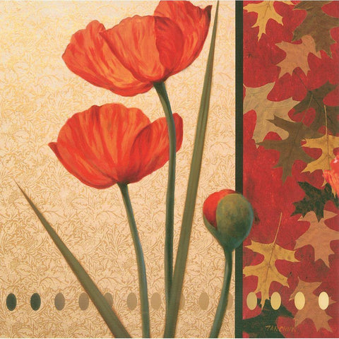 Red Poppy Damasque Black Modern Wood Framed Art Print with Double Matting by Unknown