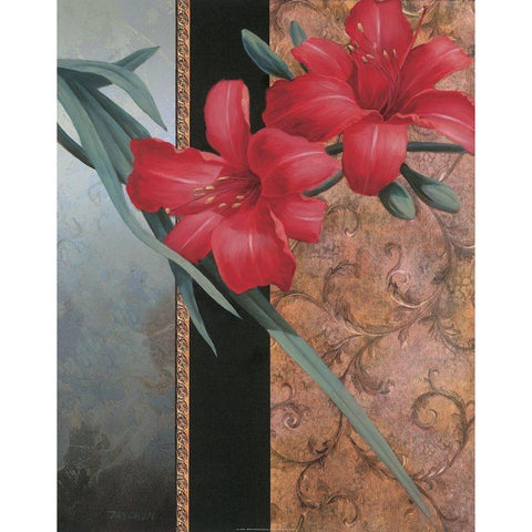 Red Lily Teal Damasque Gold Ornate Wood Framed Art Print with Double Matting by Unknown