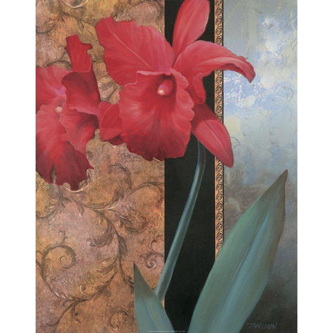 Red Orchid Teal Damasque Black Modern Wood Framed Art Print by Unknown