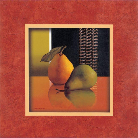 Pears with Red Border Black Modern Wood Framed Art Print with Double Matting by Unknown