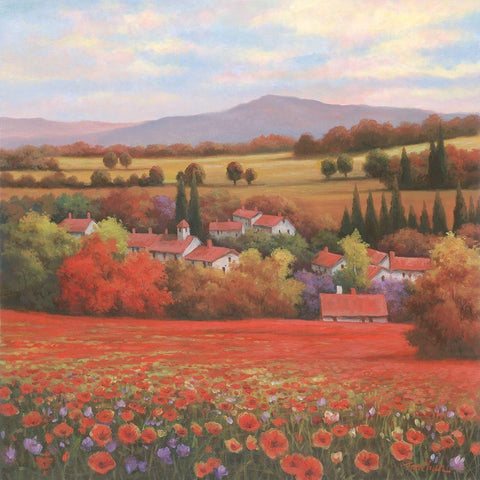 Poppy Pastures II Black Ornate Wood Framed Art Print with Double Matting by Unknown