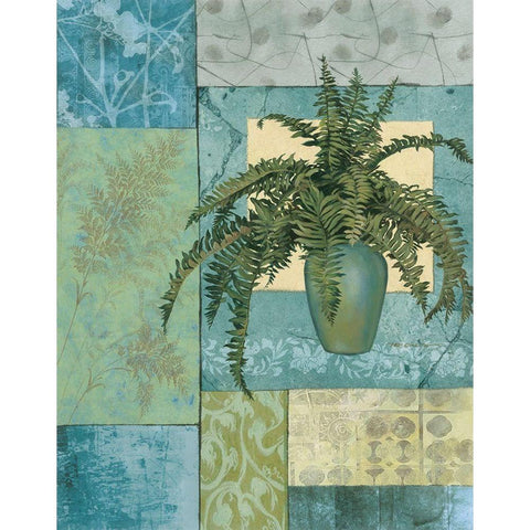 Aqua Blue Fern Collage White Modern Wood Framed Art Print by Unknown