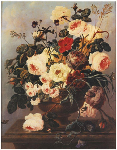 Floral on Desk Black Ornate Wood Framed Art Print with Double Matting by Unknown
