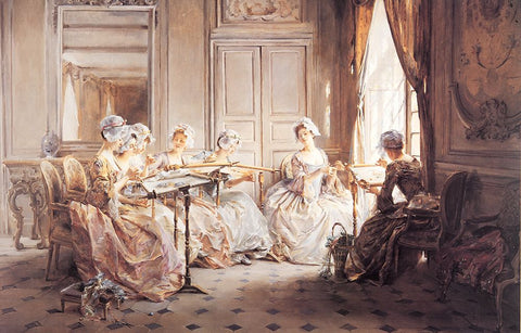 Sewing Club Black Ornate Wood Framed Art Print with Double Matting by Unknown