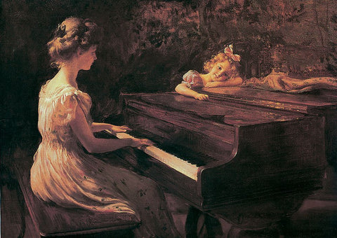 Piano Lesson White Modern Wood Framed Art Print with Double Matting by Unknown