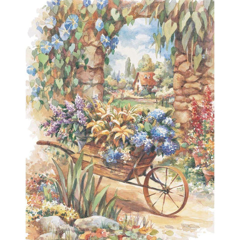 Wheelbarrow of Flowers Black Modern Wood Framed Art Print with Double Matting by Unknown