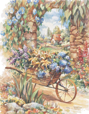 Wheelbarrow of Flowers Black Ornate Wood Framed Art Print with Double Matting by Unknown