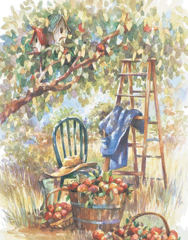 Apple Picking White Modern Wood Framed Art Print with Double Matting by Unknown