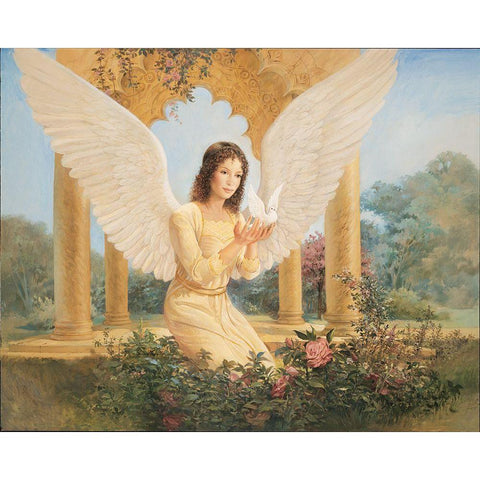 Angel and Bird Black Modern Wood Framed Art Print with Double Matting by Unknown