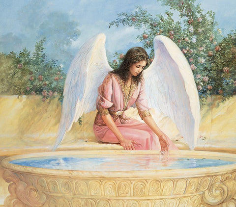 Angel and Fountain White Modern Wood Framed Art Print with Double Matting by Unknown