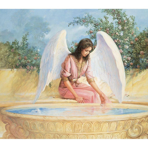 Angel and Fountain White Modern Wood Framed Art Print by Unknown