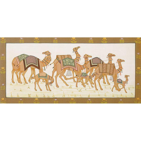 Camels Panel Black Modern Wood Framed Art Print with Double Matting by Unknown