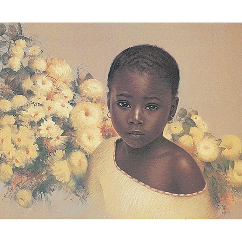 Girl and Yellow Flowers White Modern Wood Framed Art Print by Unknown