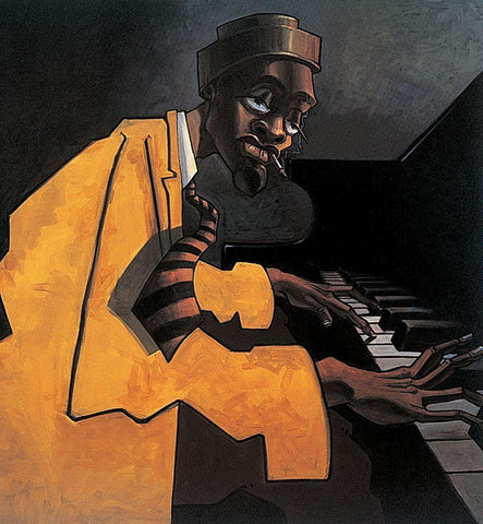 The Pianoman Black Ornate Wood Framed Art Print with Double Matting by Unknown