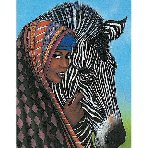 Woman and Zebra Gold Ornate Wood Framed Art Print with Double Matting by Unknown