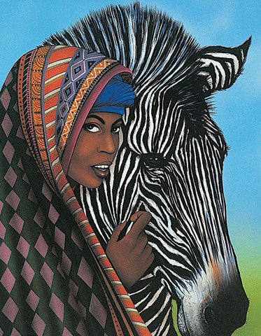 Woman and Zebra White Modern Wood Framed Art Print with Double Matting by Unknown