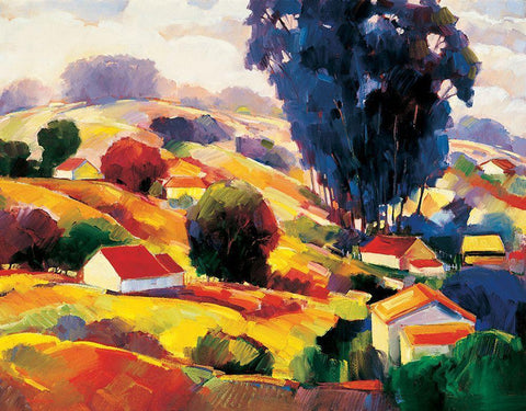 Hillside Village I White Modern Wood Framed Art Print with Double Matting by Unknown