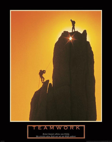 Teamwork - Sunset Climbers Black Ornate Wood Framed Art Print with Double Matting by Frontline