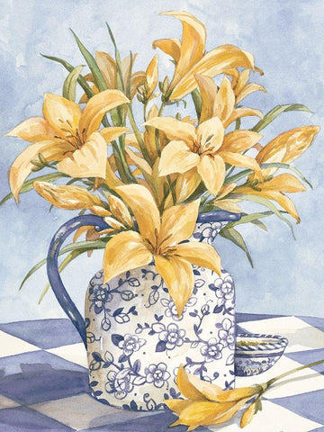 Yellow Orchids and Blue Vase I White Modern Wood Framed Art Print with Double Matting by Unknown