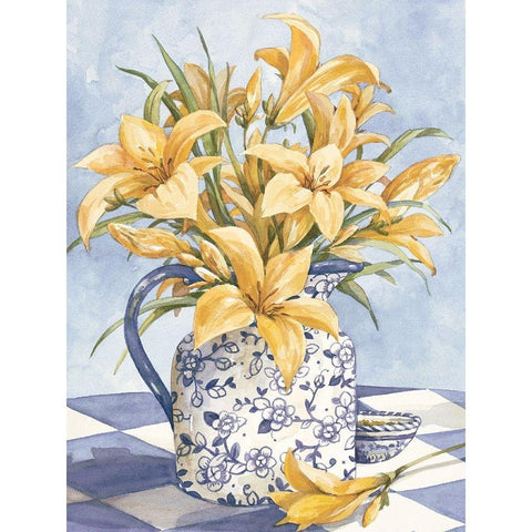 Yellow Orchids and Blue Vase I Gold Ornate Wood Framed Art Print with Double Matting by Unknown