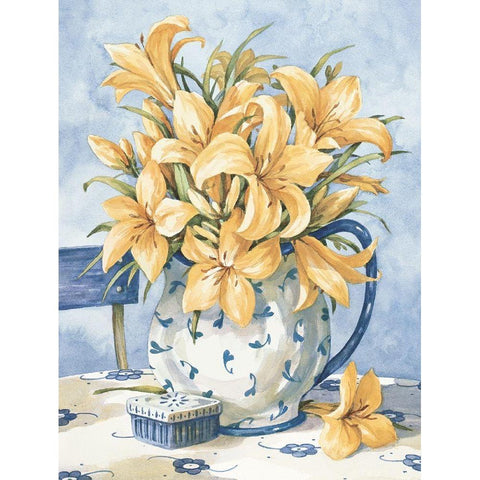 Yellow Orchids and Blue Vase II White Modern Wood Framed Art Print by Unknown