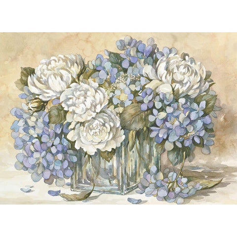 White and Blue Floral White Modern Wood Framed Art Print by Unknown