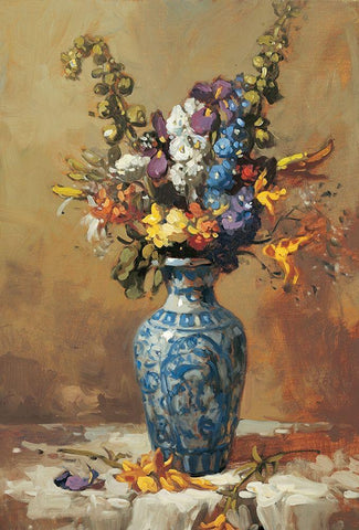 Blue Vase Floral Black Ornate Wood Framed Art Print with Double Matting by Unknown