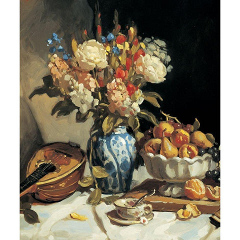 Blue Vase and Mandolin Black Modern Wood Framed Art Print by Unknown