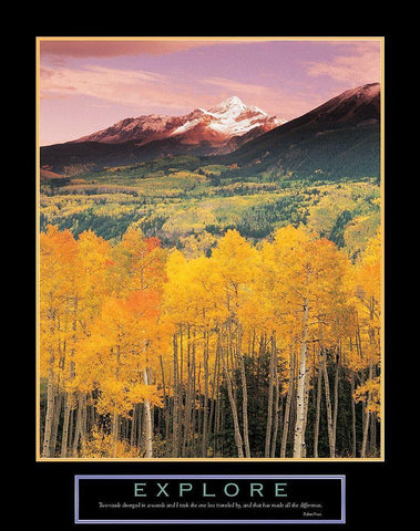 Explore - Mountain and Aspen Trees Black Ornate Wood Framed Art Print with Double Matting by Unknown