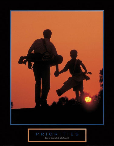 Priorities - Father and Son Golfing Black Ornate Wood Framed Art Print with Double Matting by Unknown