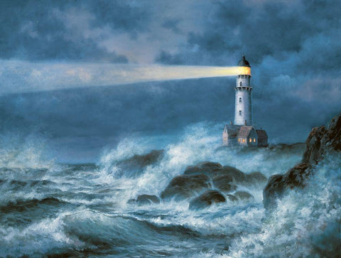 Stormy Lighthouse White Modern Wood Framed Art Print with Double Matting by Unknown