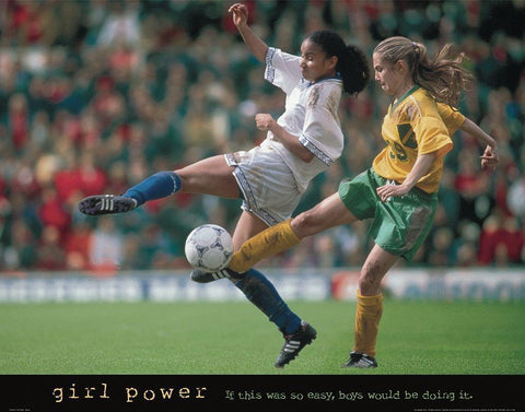 Girl Power - Soccer White Modern Wood Framed Art Print with Double Matting by Frontline