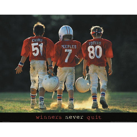 Winners Never Quit - Football White Modern Wood Framed Art Print by Unknown