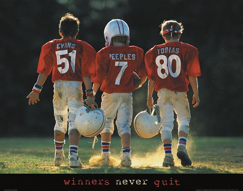 Winners Never Quit - Football White Modern Wood Framed Art Print with Double Matting by Unknown