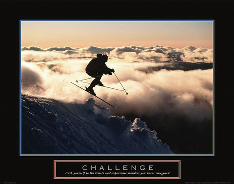 Challenge - Skier in Clouds White Modern Wood Framed Art Print with Double Matting by Frontline