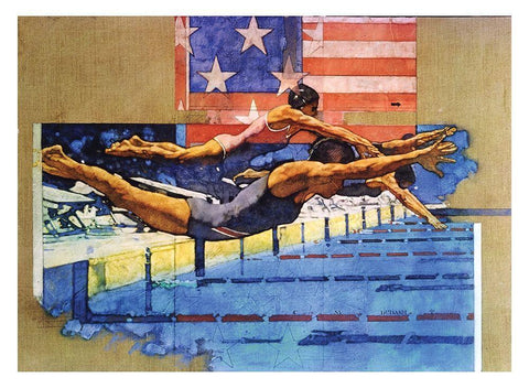 Olympic Swimmers White Modern Wood Framed Art Print with Double Matting by Frontline