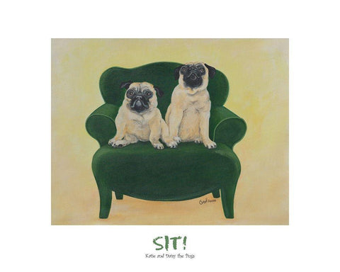 Pugs Sitting on Chair Black Ornate Wood Framed Art Print with Double Matting by Frontline