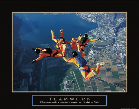 Teamwork - Sky Divers Black Ornate Wood Framed Art Print with Double Matting by Frontline