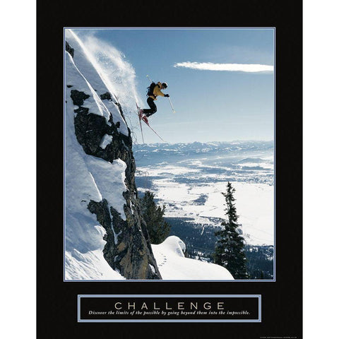 Challenge - Extreme Skier Black Modern Wood Framed Art Print with Double Matting by Frontline