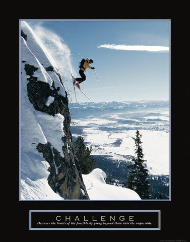 Challenge - Extreme Skier Black Ornate Wood Framed Art Print with Double Matting by Frontline