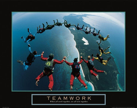 Teamwork - Skydivers White Modern Wood Framed Art Print with Double Matting by Frontline