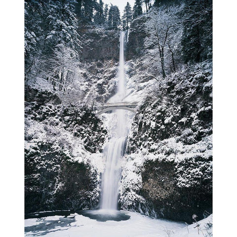 Frozen Bridge on Waterfall White Modern Wood Framed Art Print by Unknown
