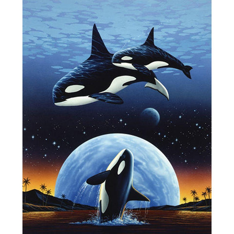 Orcas and Moon Gold Ornate Wood Framed Art Print with Double Matting by Unknown