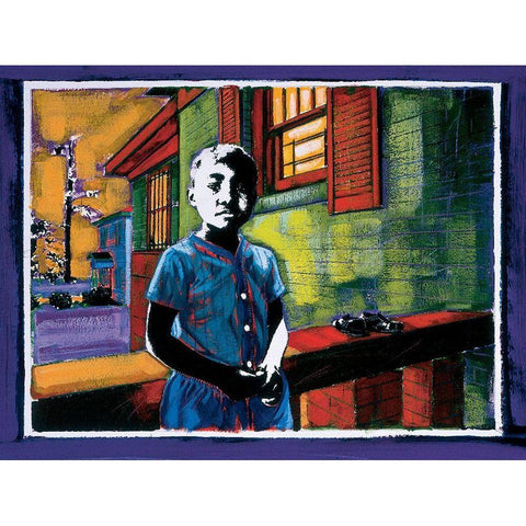 Boy on Stoop White Modern Wood Framed Art Print by Unknown