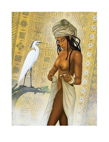 Nubian Princess and Heron White Modern Wood Framed Art Print with Double Matting by Unknown